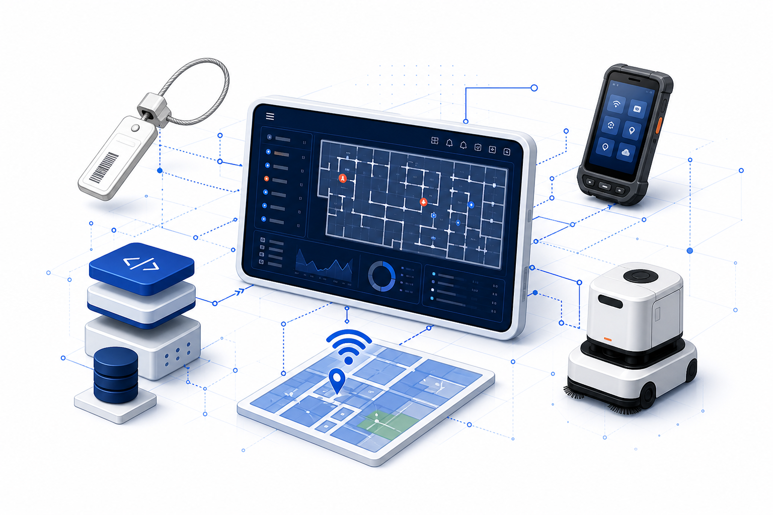 RFID、醫院安防、Android、機器人、無線定位與 API 資料層的整合示意圖